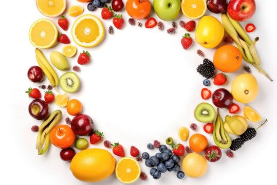 Colorful fruits on white table, top view, round frame. Free space for a text. Raw vegetarian food. Generative AI