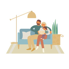Mother father and little daughter have fun and read book sitting on the sofa. Family spending time at home together. Flat vector illustration