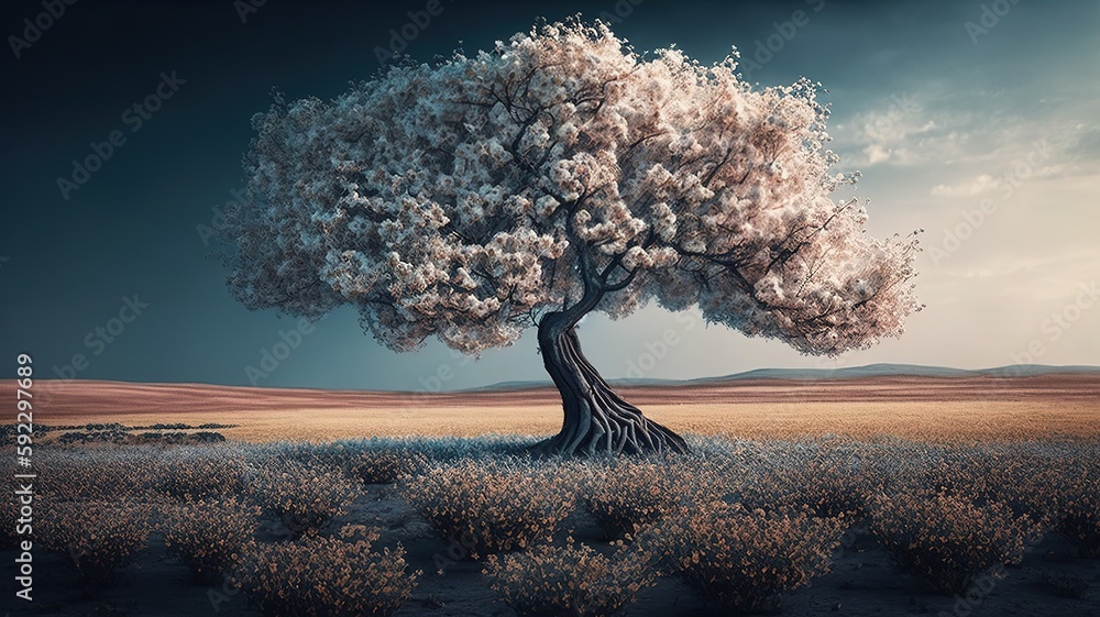 Poster field with lone flowering tree generative ai