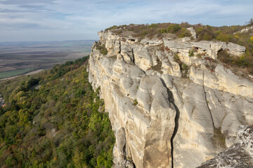 Towering cliffs in National Historical and Archaeological Reserve Madara. Thracian and roman fortress in Madara, near Shumen, Bulgaria.