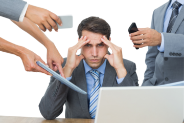 Upset businessman with headache surrounded by team