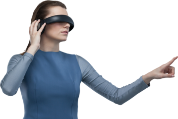 Woman pointing while experiencing virtual reality simulator