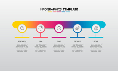 Business infographic template process with simple geometry square, rectangle, circle, triangle, curves in flat design template with thin line icons and 5 options or steps. Vector illustration.