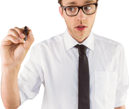 Geeky businessman writing with marker