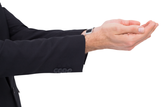 Businessman with arms out presenting something