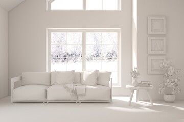 White living room with sofa and winter landscape in window. Scandinavian interior design. 3D illustration