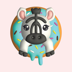 3D Render Happy Cute Zebra Head with Donut (Vector)