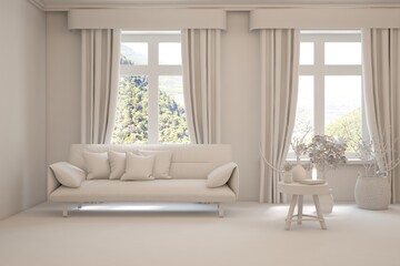 Grey living room concept with sofa and summer landscape in window. Scandinavian interior design. 3D illustration
