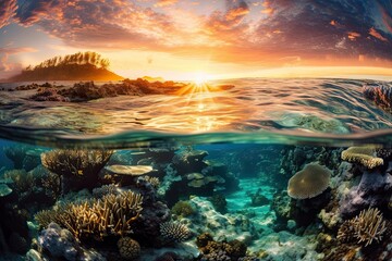 Fototapeta na wymiar A Spectacular Underwater Paradise: Colourful Coral Reefs at Sunset: Generative AI