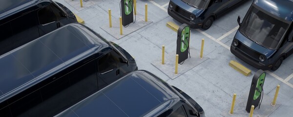 Overhead high angle shot of fleet modern electric EV delivery vans standing in company parking garage near charging stations. Realistic 3d rendering