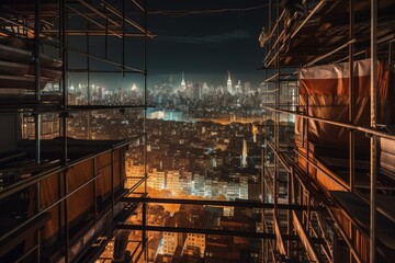 scaffolding with view of a busy city skyline at night, created with generative ai - obrazy, fototapety, plakaty