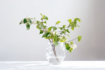 Spring Tree Branch with Fresh Green Leaves in A Clear Vase on White Background Ideal for Home Decor