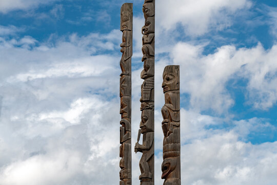 First nation totem poles of the Gitxsan natives in Gitanyow or Kitwancool, British Columbia, Canada.
