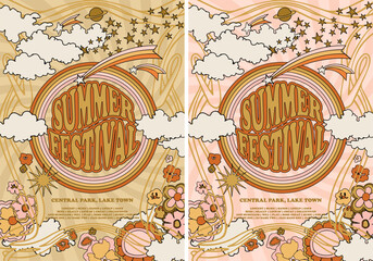 Summer Festival Hippie poster, sky and flowers