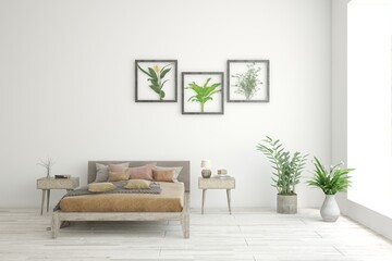 White living room with armchair. Scandinavian interior design. 3D illustration