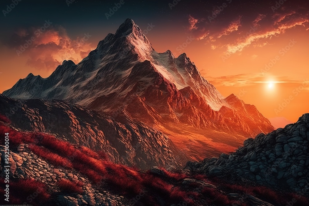 Poster an evening at the summits of the mountains in the summer generative ai
