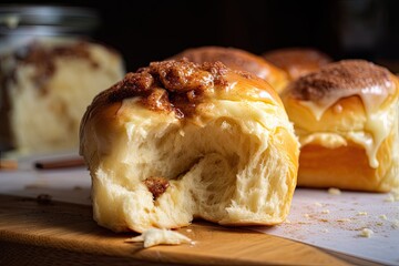 cinnnbun being eaten, with crumbly and flaky roll exterior and sticky-sweet cinnamon filling, created with generative ai