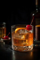 A glass of Old Fashioned - a whiskey-based cocktail