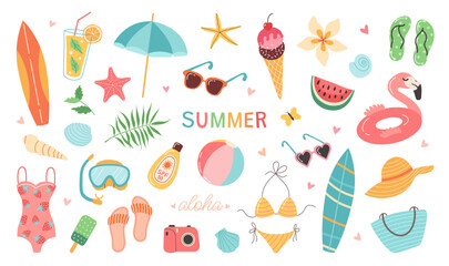 Set of summer stickers. Icons for tropical vacation. Seasonal elements collection. Flamingos; ice cream; pineapple; tropic leaves; cocktails; plumeria; watermelon; surfboard; beach accessories. - obrazy, fototapety, plakaty