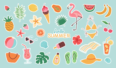 Set of summer stickers. Icons for tropical vacation. Seasonal elements collection. Flamingos, ice cream, pineapple, tropic leaves, cocktails, plumeria, watermelon, beach accessories.