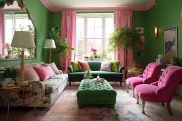 Living Room Dreams: Enjoy Interior Design Ideas with a Splash of Spring Colors and Lots of Plants, Generative AI