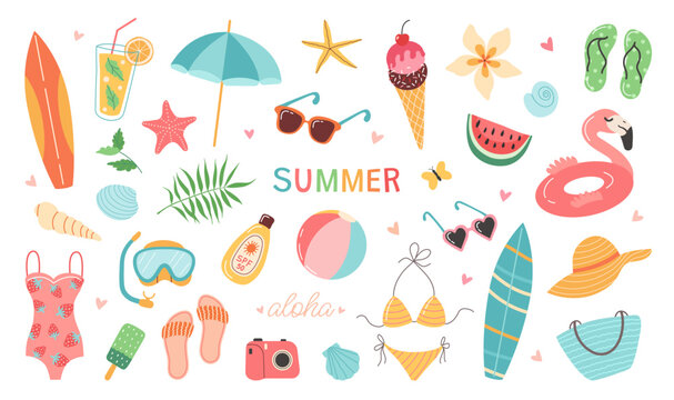 Set of summer stickers. Icons for tropical vacation. Seasonal elements collection. Flamingos; ice cream; pineapple; tropic leaves; cocktails; plumeria; watermelon; surfboard; beach accessories.