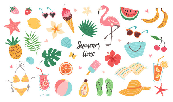 Set of summer stickers. Icons for tropical vacation. Seasonal elements collection. Flamingos, ice cream, pineapple, tropic leaves, cocktails, plumeria, watermelon, beach accessories.