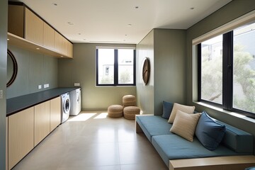 Fototapeta na wymiar The Perfect Home: Interiors of a Modern Living Room with Warm Blue and Khaki Design. Generative AI