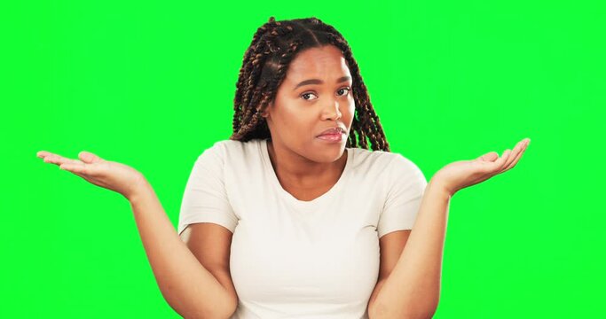 Shrugging, doubt and face of woman on green screen, confusion and questioning choice, emoji and reaction. Portrait, female model and dont know why, confused and unsure of decision, problem and forgot