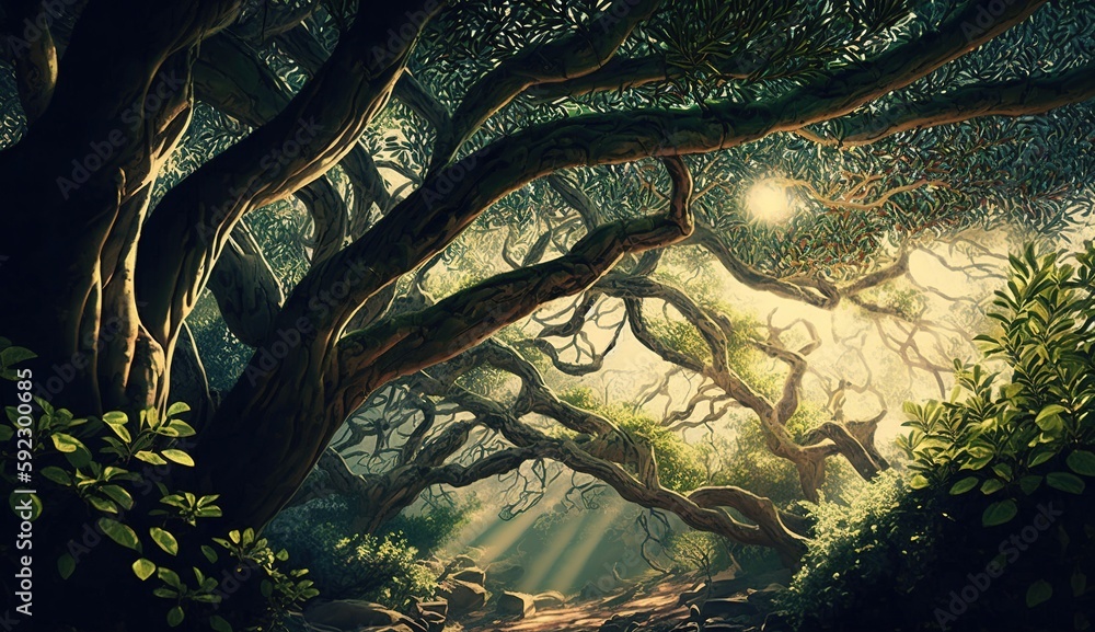 Poster perspective from below shows trees with plenty of green foliage to allow in some sunlight. generativ