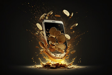 Gold coin coming out of mobile phone screen, for Fintech concept. Generative AI - 592300688