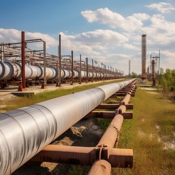 Metal pipeline with green field and blue sky background, generative AI 