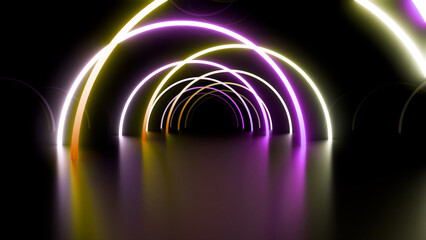 Neon Line Tunnel glowing Fluorescent light corridor stage 3D illustration background