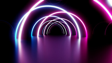 Neon Line Tunnel glowing Fluorescent light corridor stage 3D illustration background