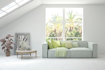 Bright interior design with modern furniture and summer landscape in window. 3D illustration