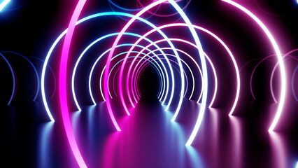 Neon Line Tunnel glowing Fluorescent light corridor stage 3D illustration background