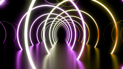 Neon Line Tunnel glowing Fluorescent light corridor stage 3D illustration background