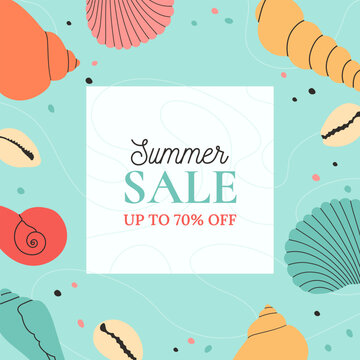 Summer sale. Modern background with hand draw colorful seashells, starfish. Beautiful summer holidays posters. Vector templates for greeting cards, banners, invitation, social media post.