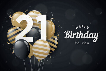 Happy 21th birthday balloons greeting card black background. 21 years anniversary. 21th celebrating with confetti. Vector stock