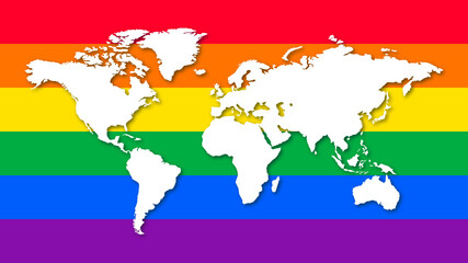 Illustration of LGBT rainbow pride flag with a world map