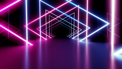 Neon Line Tunnel glowing Fluorescent light corridor stage 3D illustration background