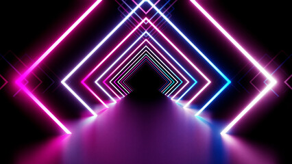 Neon Line Tunnel glowing Fluorescent light corridor stage 3D illustration background