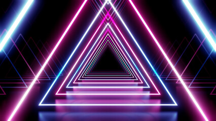 Naklejka premium Neon Line Tunnel glowing Fluorescent light corridor stage 3D illustration background