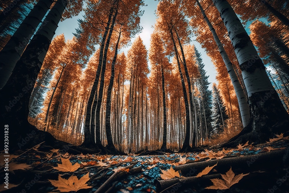 Poster low angle shot of a beautiful forest scene in autumn with tall trees and the leaves on the ground ge