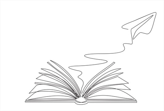 Continuous one line drawing of open book with flying paper plane. Vector illustration on white background.