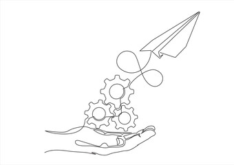 Continuous One  line drawing of hand launching Paper plane connected with gears in one continuous line drawing. Airplane in outline style. Startup business idea concept. 