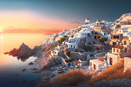 Sunset Serenity: A Hyper-Detailed 4K View of a Picturesque Greek Village and Coastal Landscape