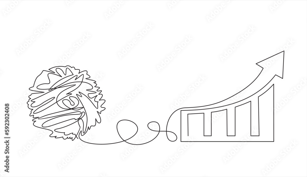 Poster single one line drawing of chaos and increasing up arrows bar graph, abstract minimalist concept vec