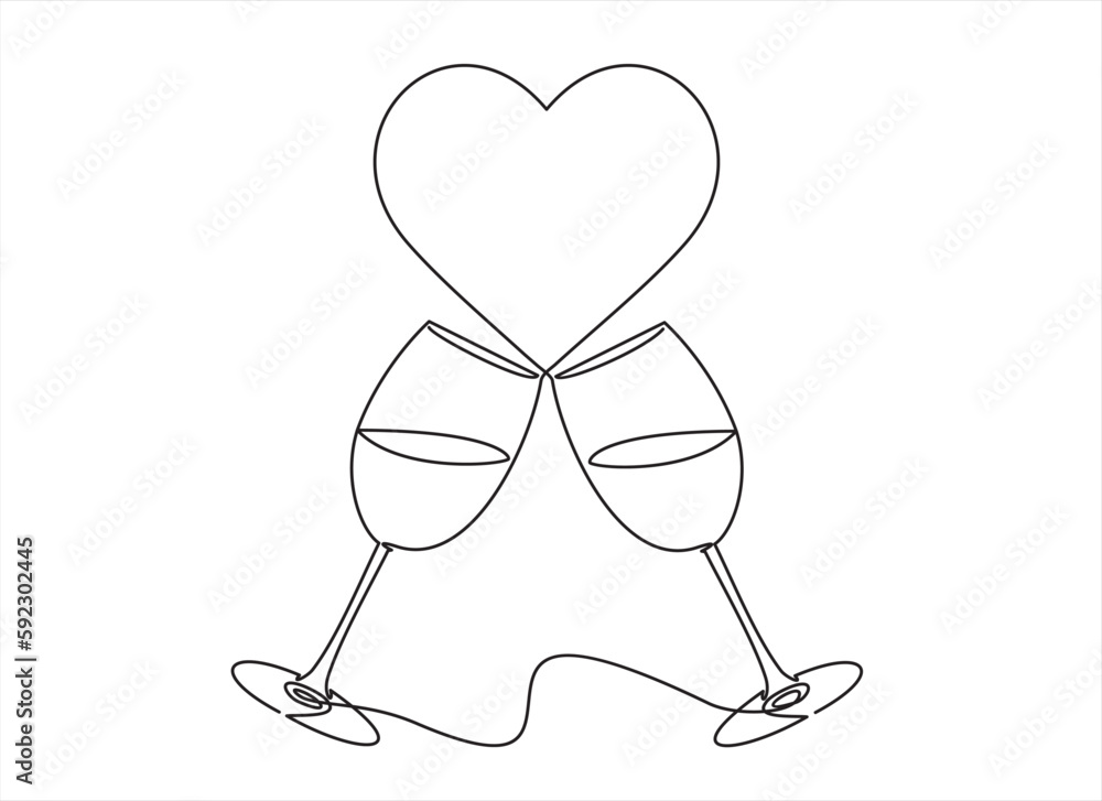 Poster continuous one line drawing of cheers two glasses with wine and hearts. romantic toast concept in li