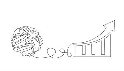Single one line drawing of Chaos and increasing up arrows bar graph, abstract minimalist concept vector illustration. Metaphor of disorganized difficult problem found solution